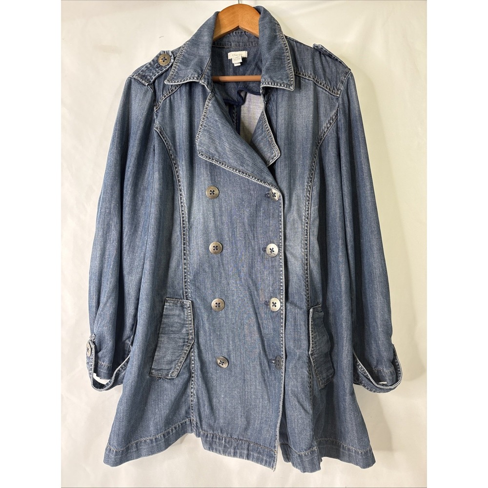 Chicos Dora Denim Double Breasted Denim Trench Coat Jacket Sz 3 (16) No Belt